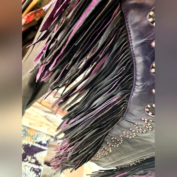 VTG 80s Black Leather Pink Purple Fringe Bike Zip Up Elastic Waist Jacket M - Picture 9 of 16
